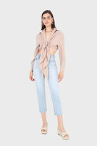 Beige linen plunging tie front shirt_3