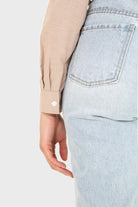 Beige linen plunging tie front shirt_9