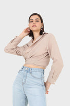 Beige linen plunging tie front shirt_8