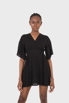 Black layered V-neck short sleeved dress_6