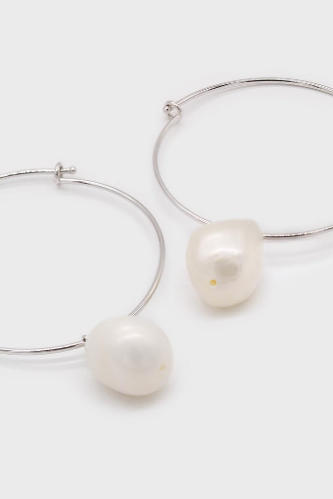 Silver genuine pearl drop large hoops_1