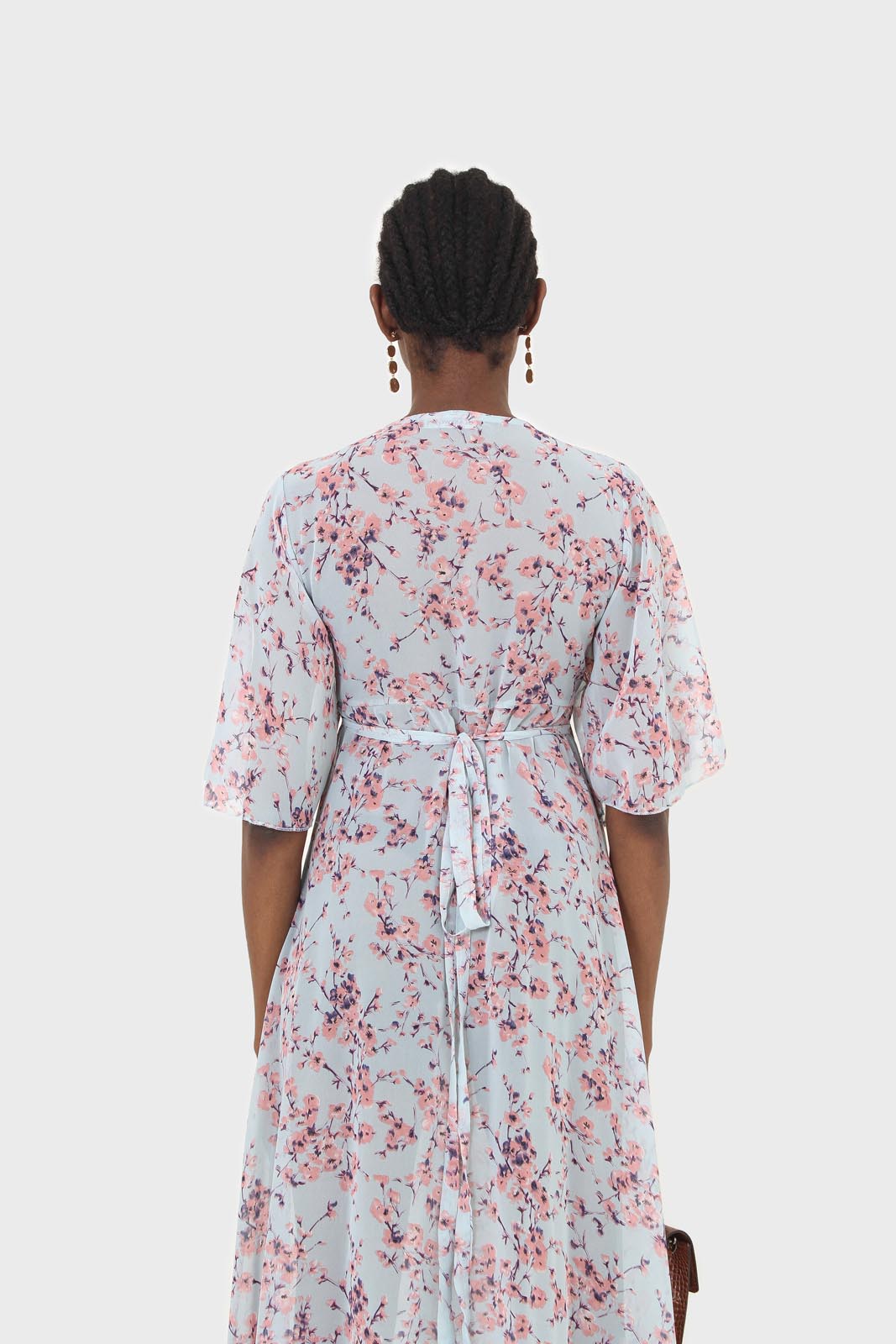 Blue and pink floral belted robe maxi dress_5