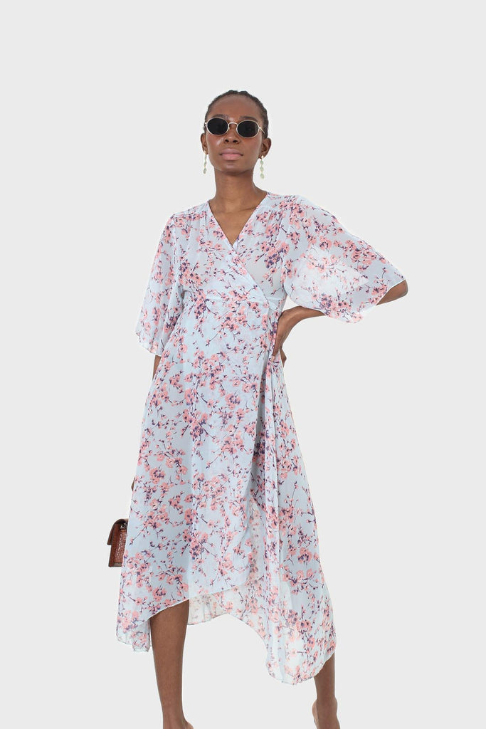 Blue and pink floral belted robe maxi dress_6