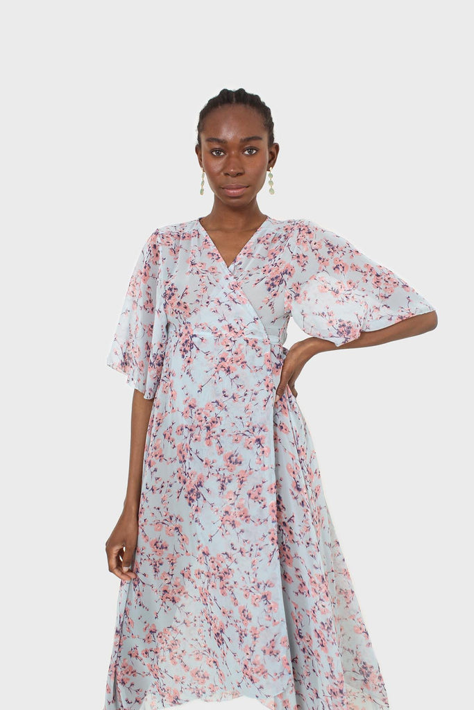 Blue and pink floral belted robe maxi dress_3