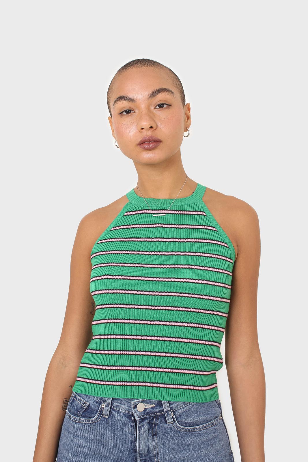 Green and pink striped halter neck knit tank_1