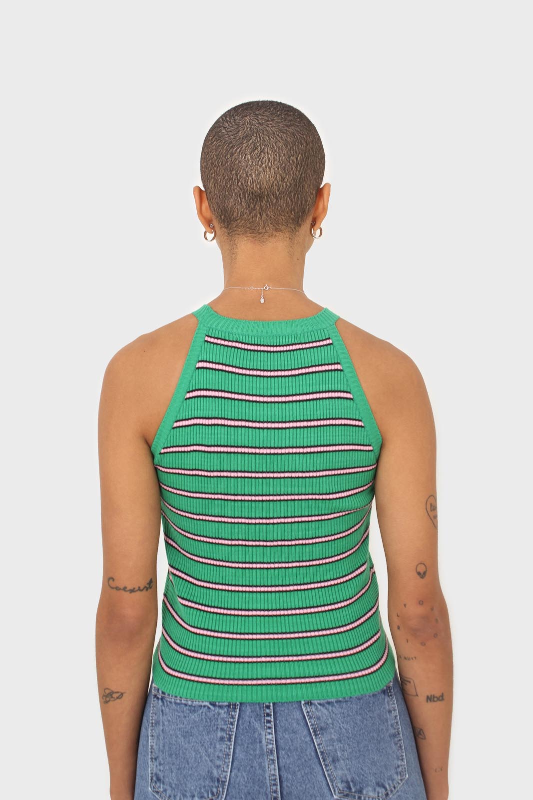 Green and pink striped halter neck knit tank_2