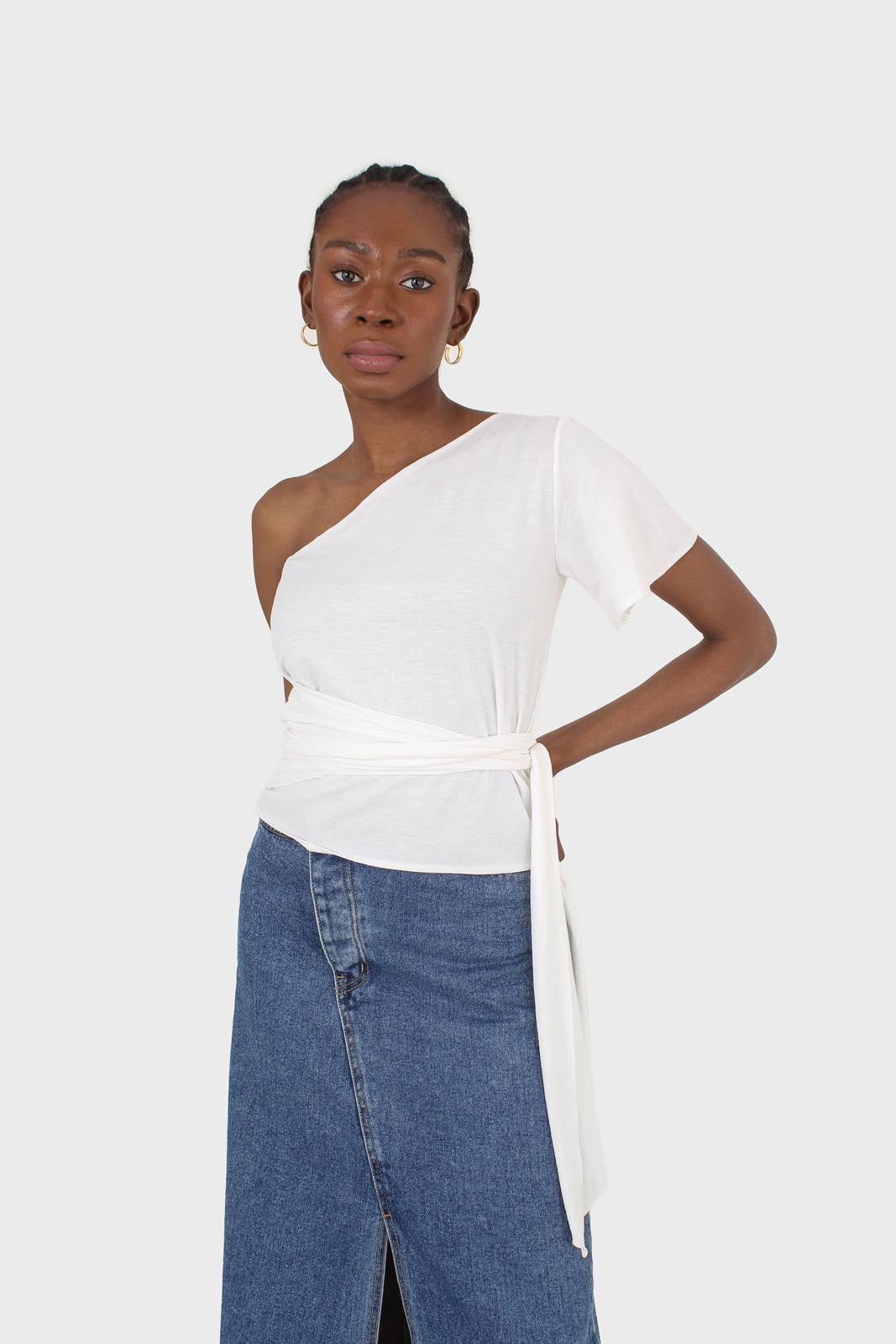 one shoulder tie waist blouse
