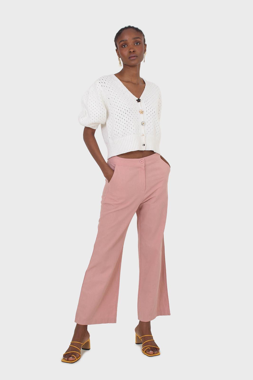 Dusty pink linen boot cut trousers_2