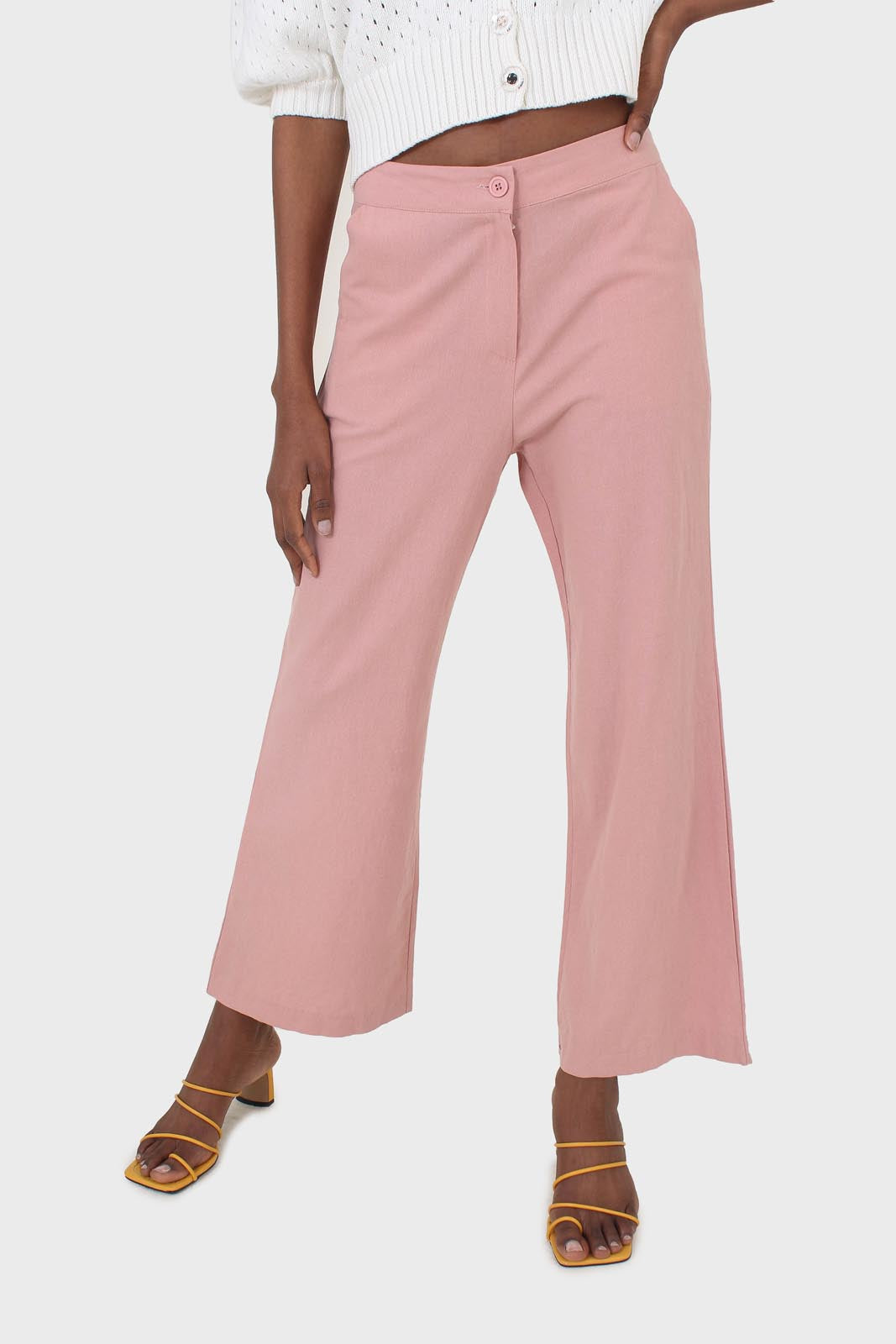 Dusty pink linen boot cut trousers_1