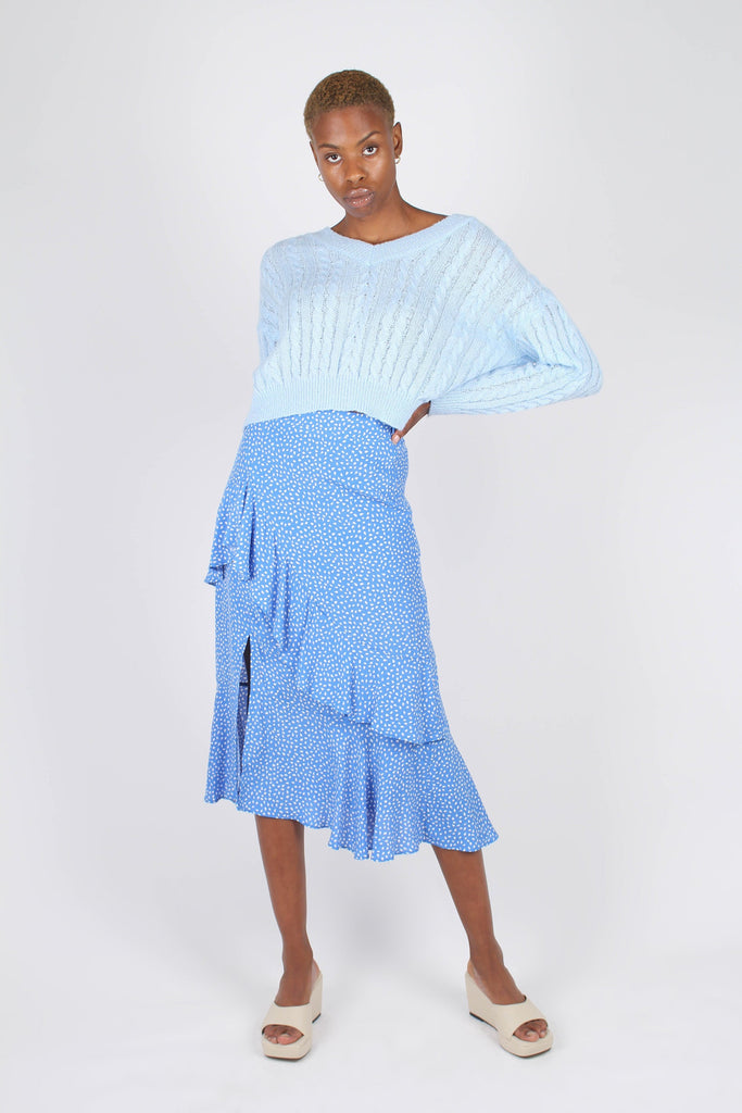 Blue and white dots tiered ruffle midi skirt_2