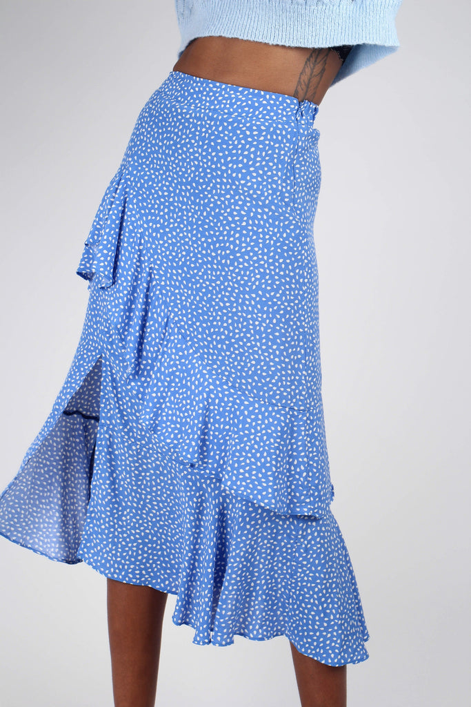Blue and white dots tiered ruffle midi skirt_1