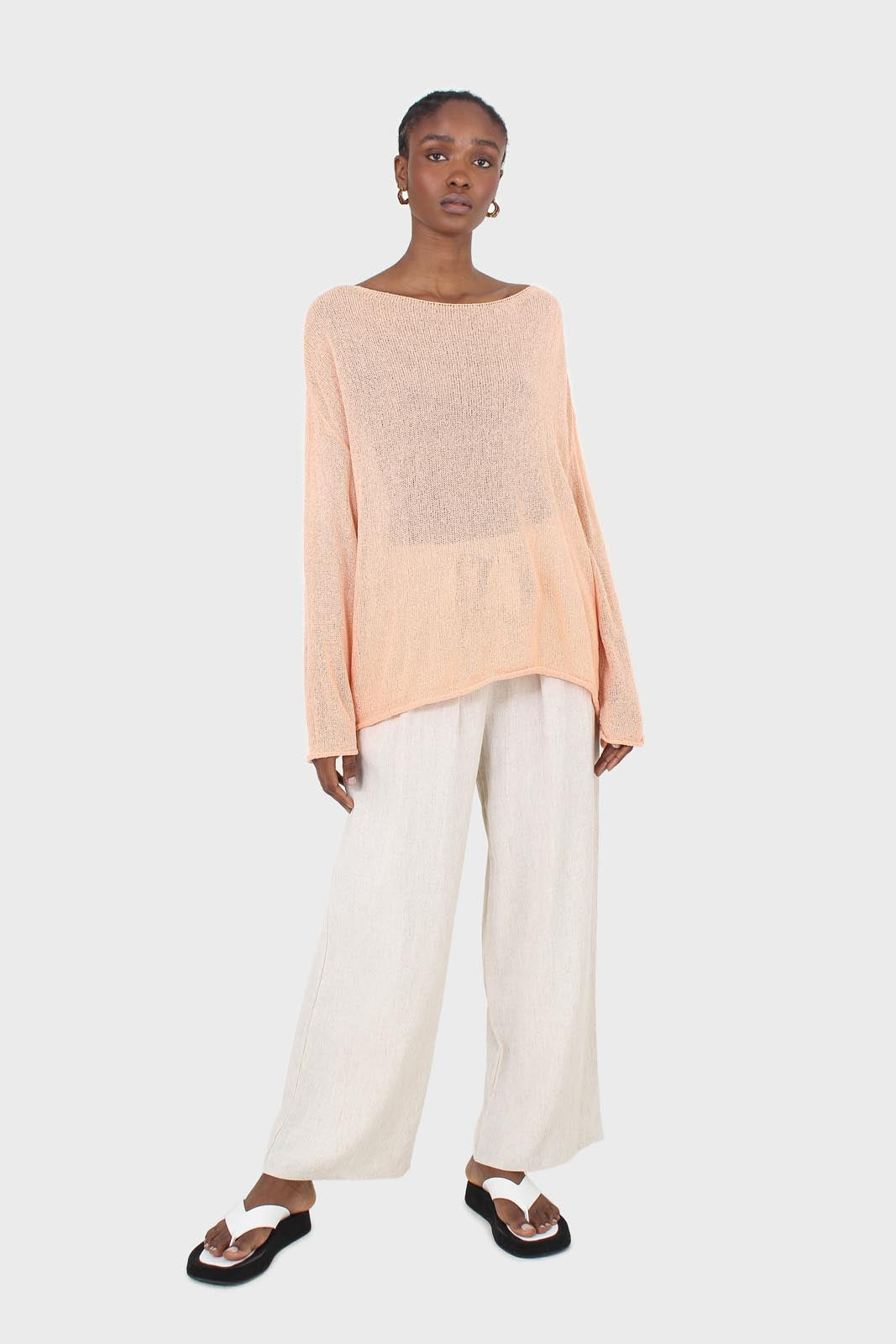 Pale orange wide neck long sleeved loose knit top_3