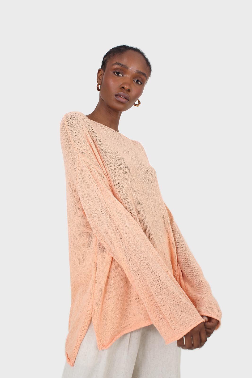 Pale orange wide neck long sleeved loose knit top_5