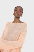 Pale orange wide neck long sleeved loose knit top_6