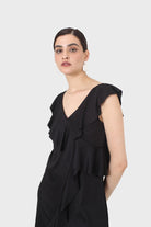 Black ruffle cross asymmetric hem maxi dress_5