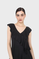 Black ruffle cross asymmetric hem maxi dress_6