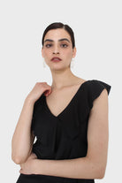 Black ruffle cross asymmetric hem maxi dress_9