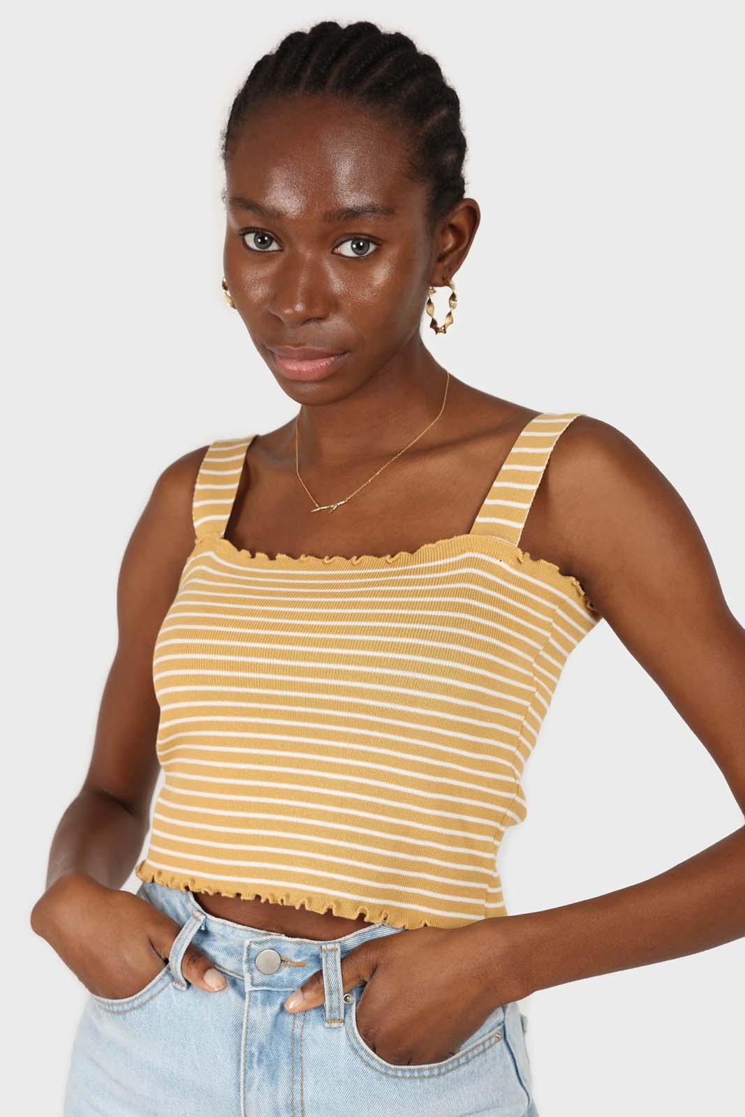 Yellow and white striped frill trim knit tank_1
