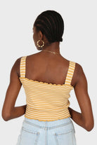 Yellow and white striped frill trim knit tank_3