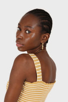 Yellow and white striped frill trim knit tank_4