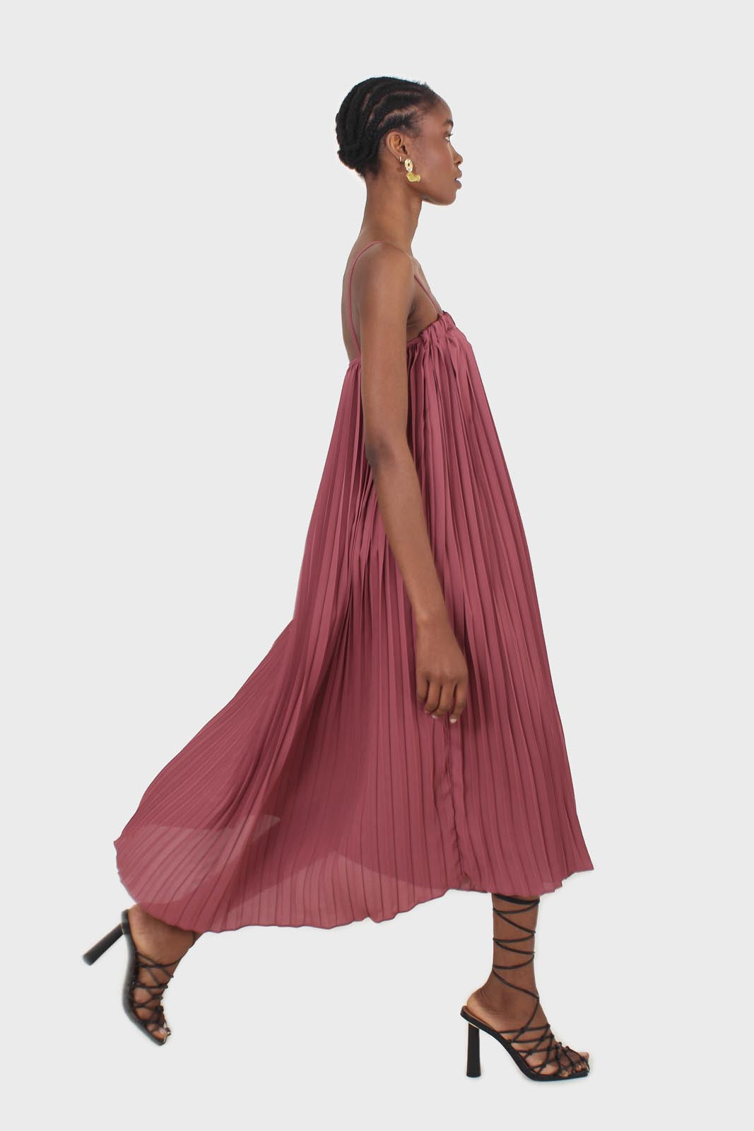 Dusty pink pleated thin strap dress_4