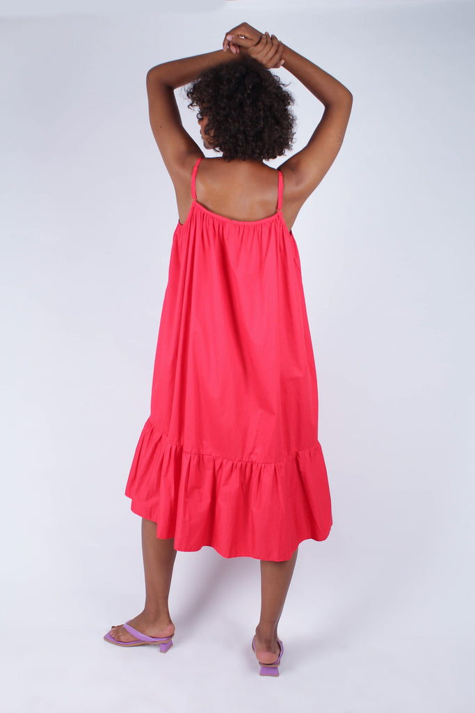 Red large ruffle hem rope belted dress_3