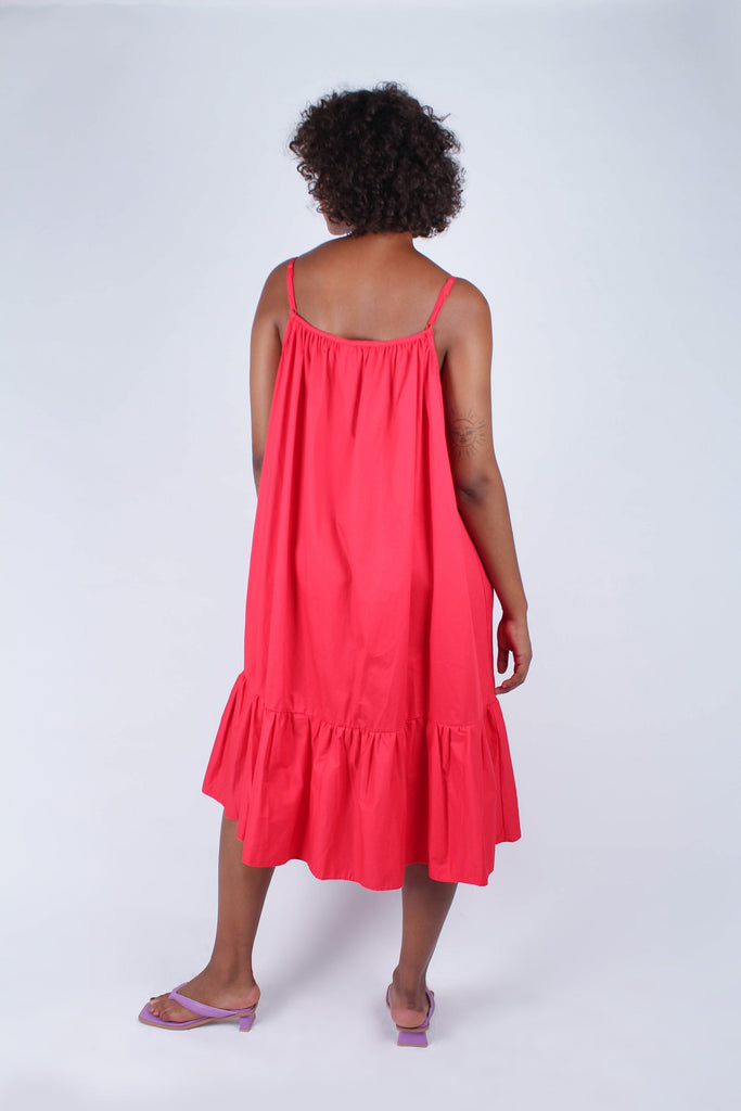 Red large ruffle hem rope belted dress_7