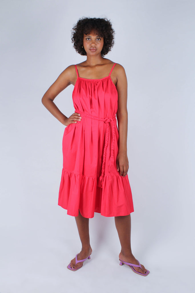 Red large ruffle hem rope belted dress_6