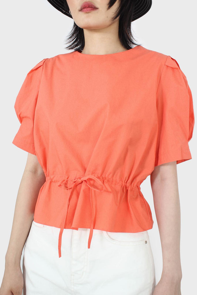Orange drawstring waist puff short sleeved top_2