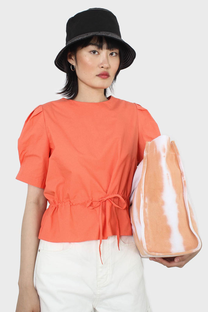 Orange drawstring waist puff short sleeved top_10