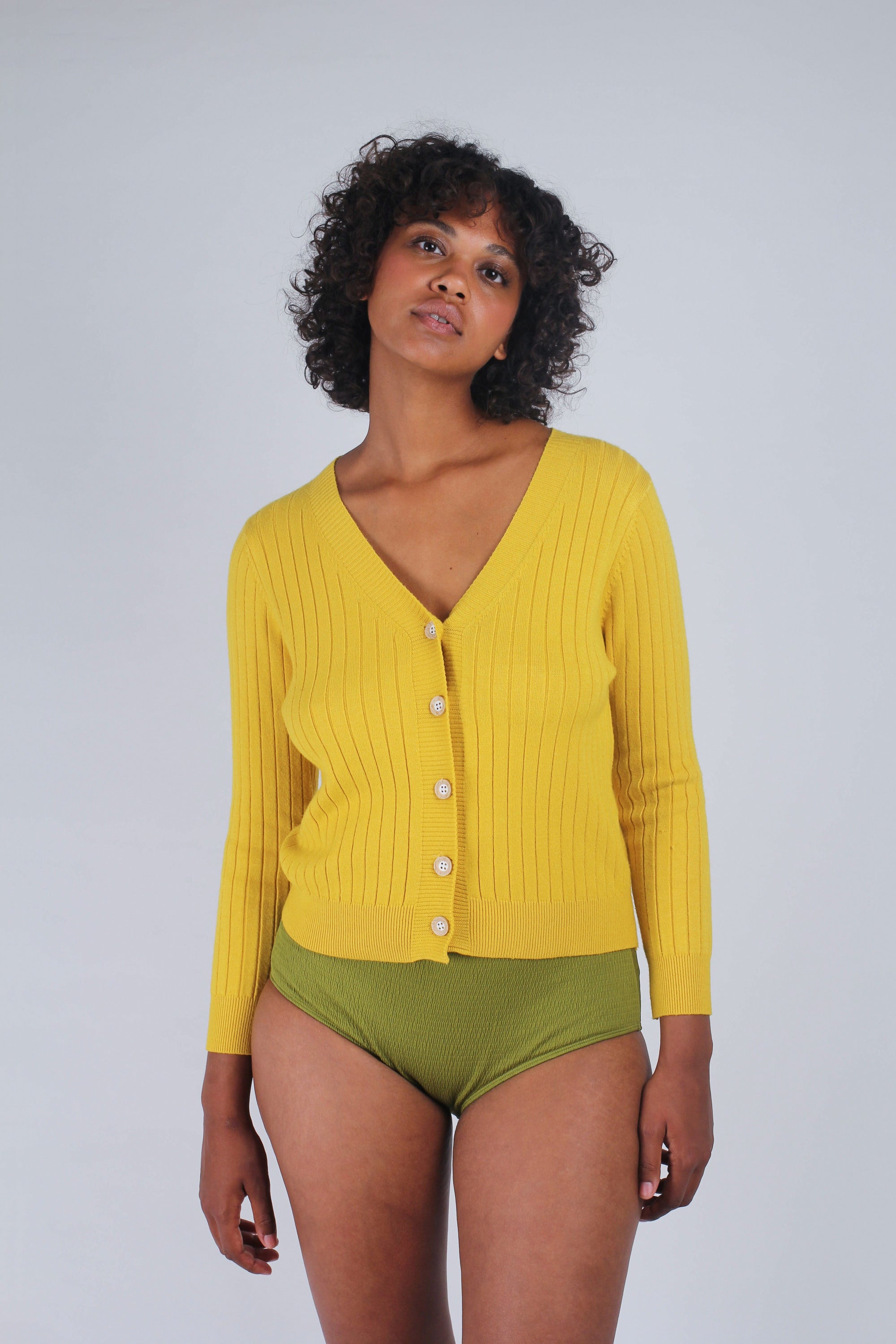 Mustard large ribbed button up short cardigan_1