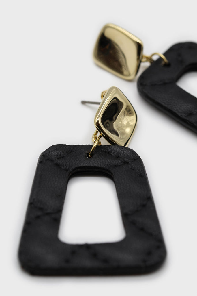 Gold and black vegan leather square drop earrings_1