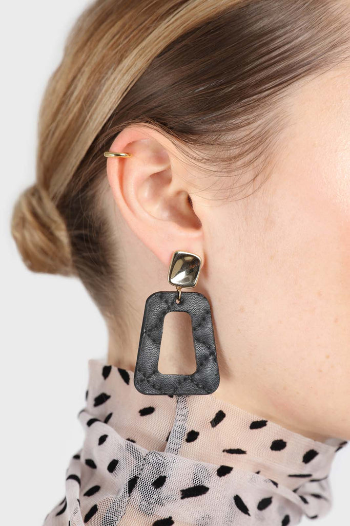 Gold and black vegan leather square drop earrings_2