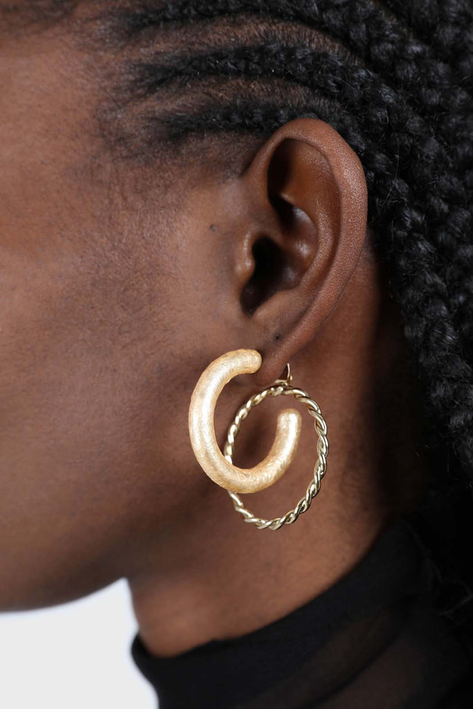 Gold and metallic beige double hoop earrings_1