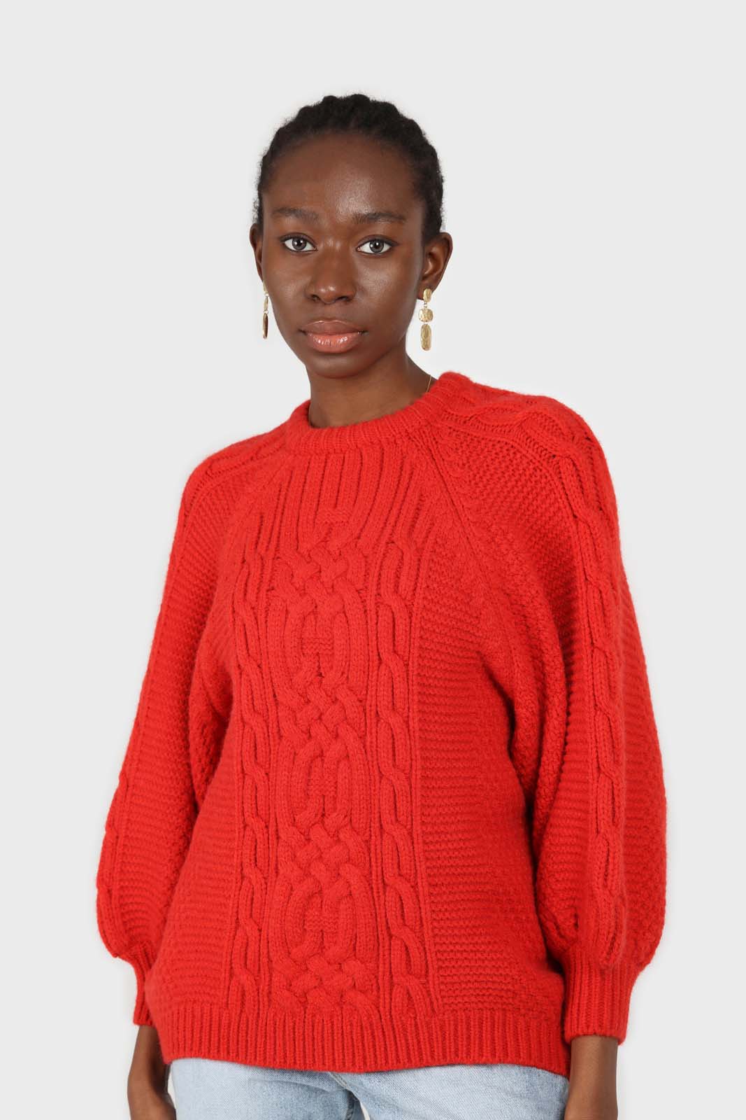 Bright red chunky cable knit balloon sleeved jumper_1
