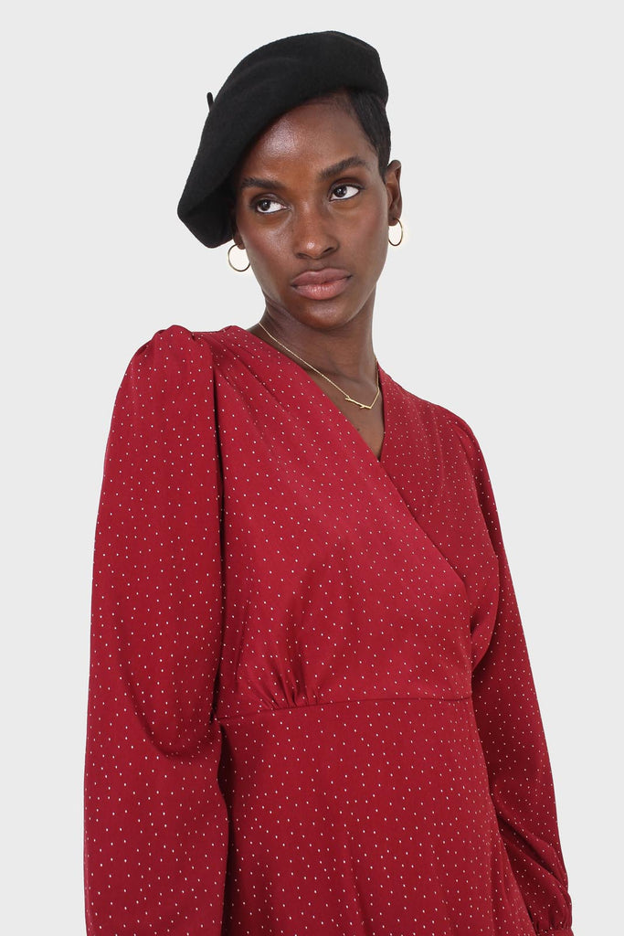 Red polka dot wrap front long sleeved mini dress_7