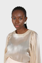 Champagne metallic balloon sleeve silky top_2