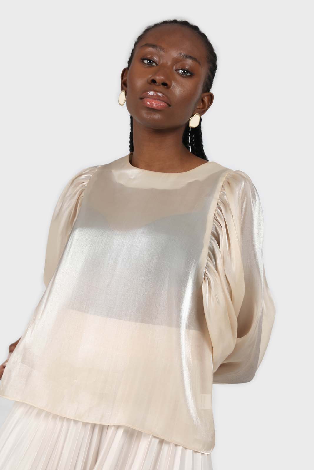 Champagne metallic balloon sleeve silky top_4