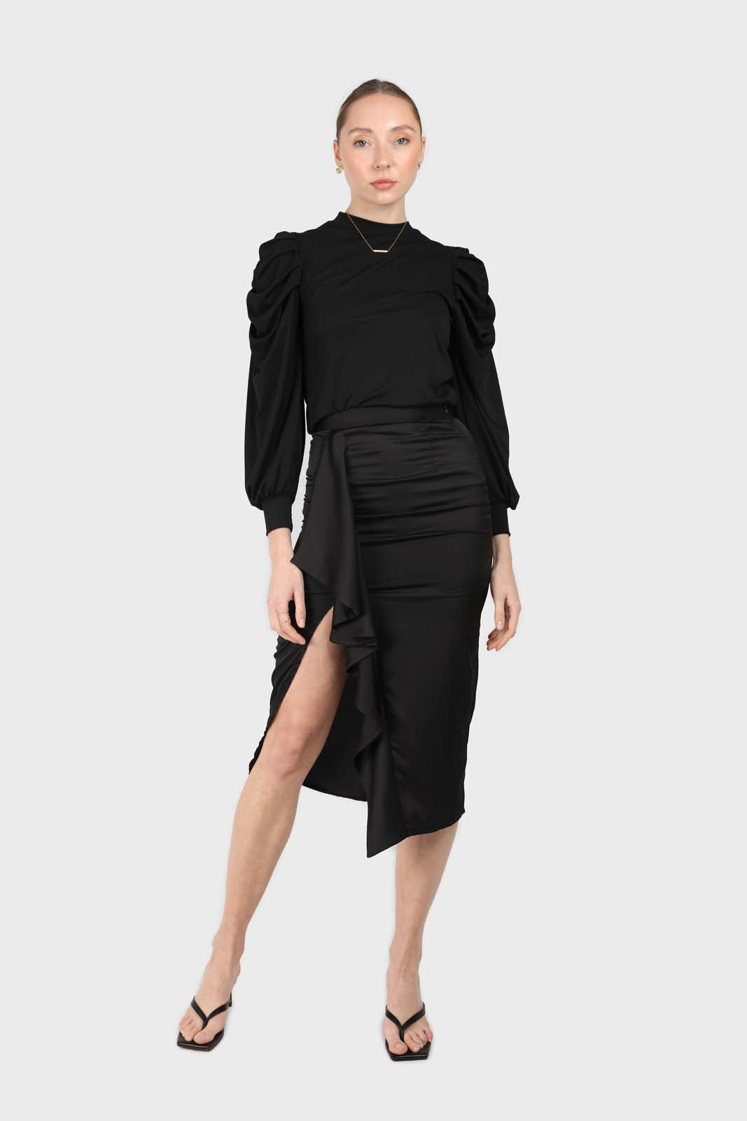 Black cascading ruffle satin midi skirt_2