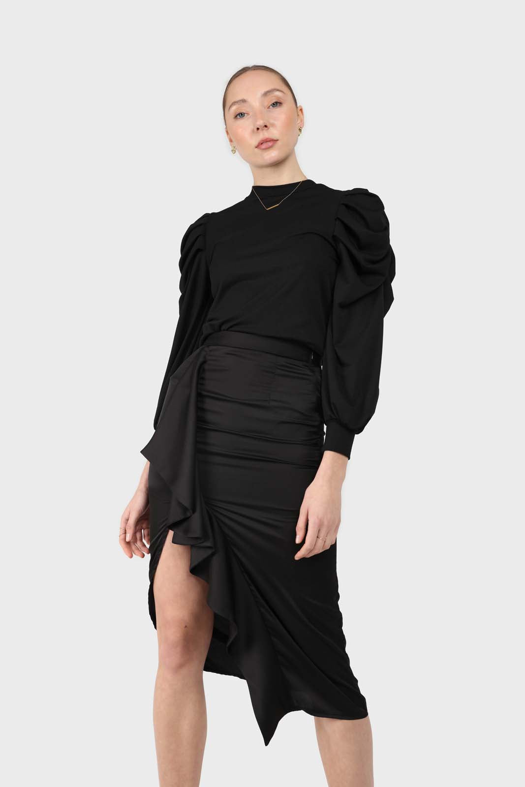 Black cascading ruffle satin midi skirt_1