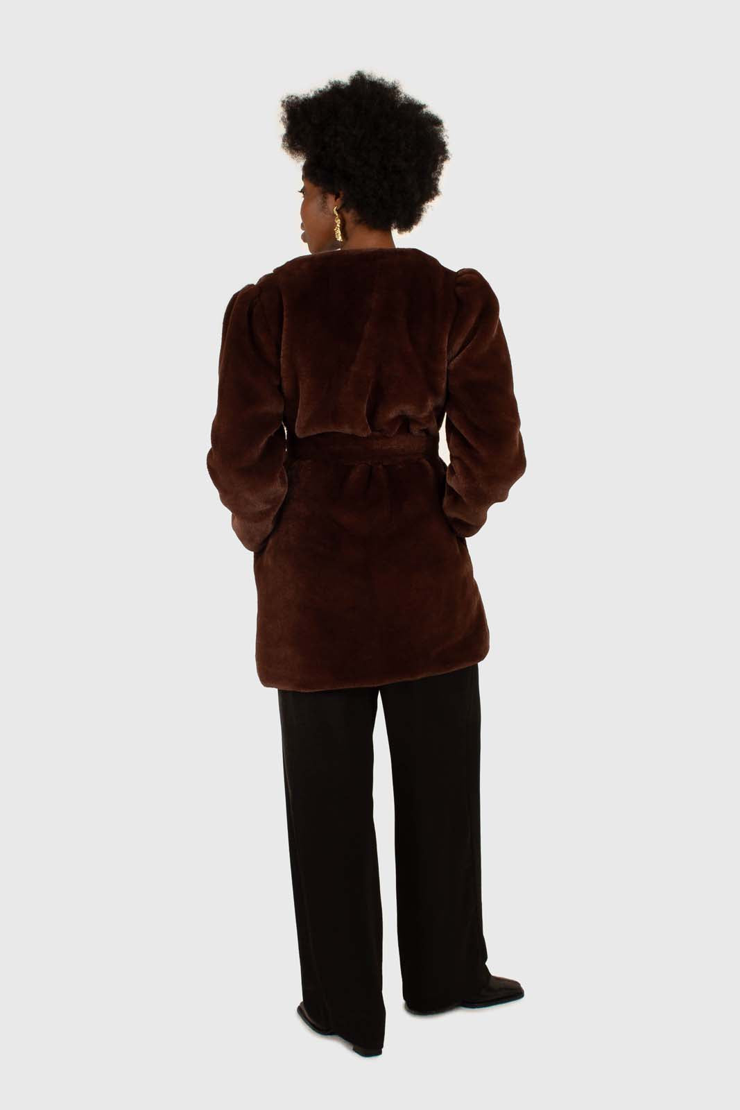 Brown vegan mink belted half coat_10