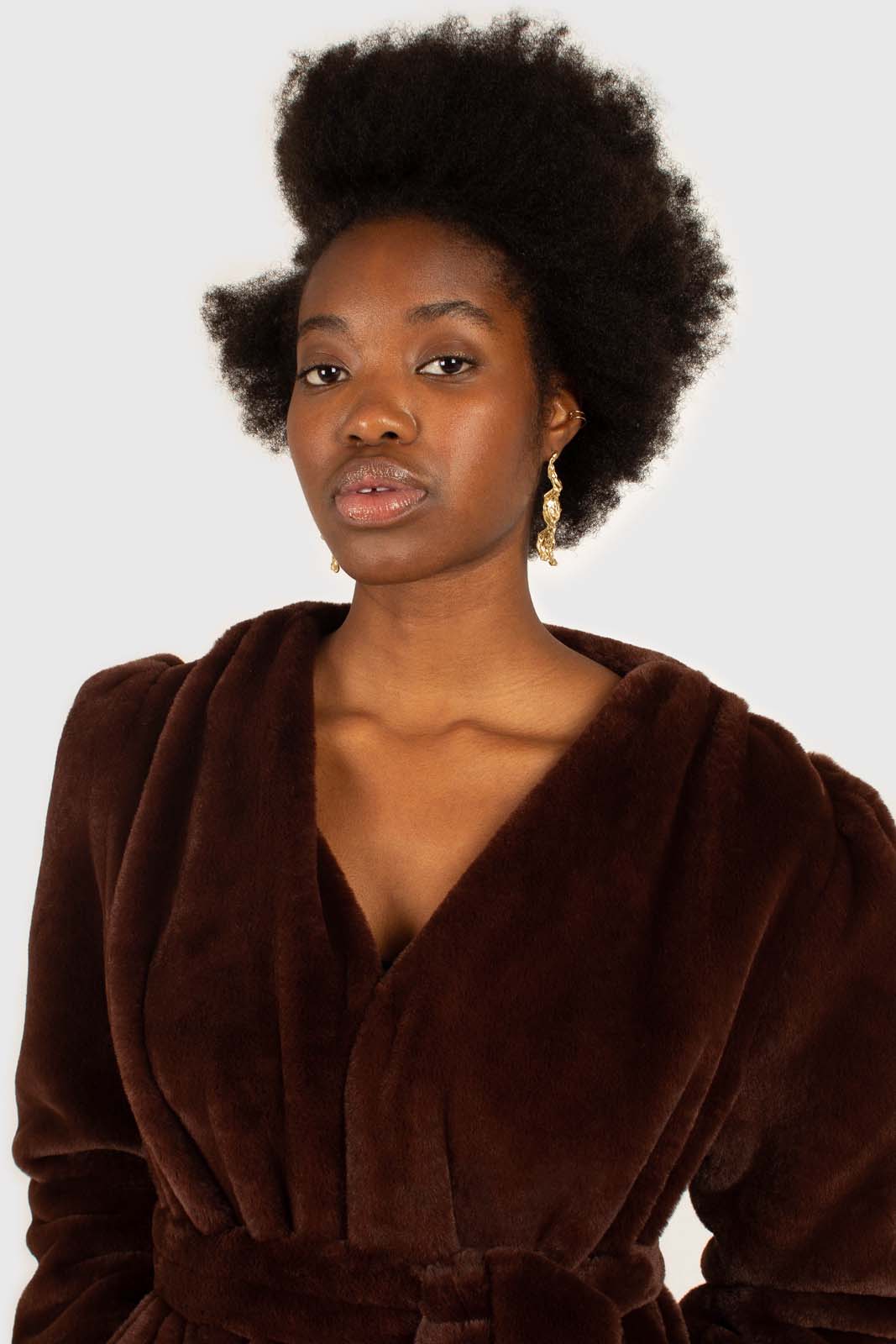 Brown vegan mink belted half coat_11