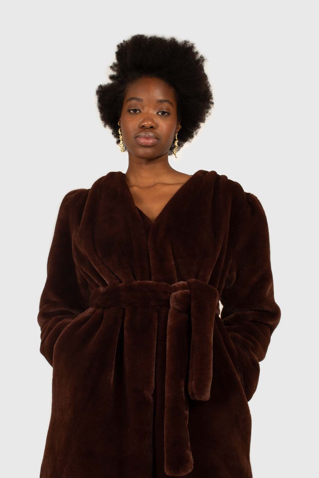 Brown vegan mink belted half coat_2