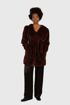 Brown vegan mink belted half coat_1