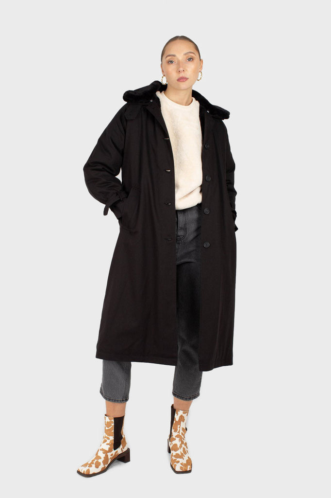 Black faux fur collar lined trench coat_1