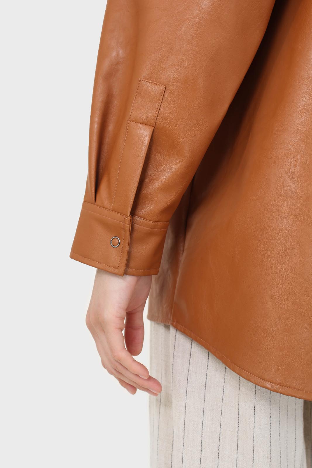 Camel vegan leather oversized shirt_14