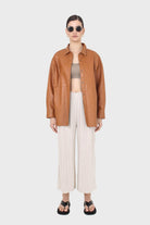 Camel vegan leather oversized shirt_8