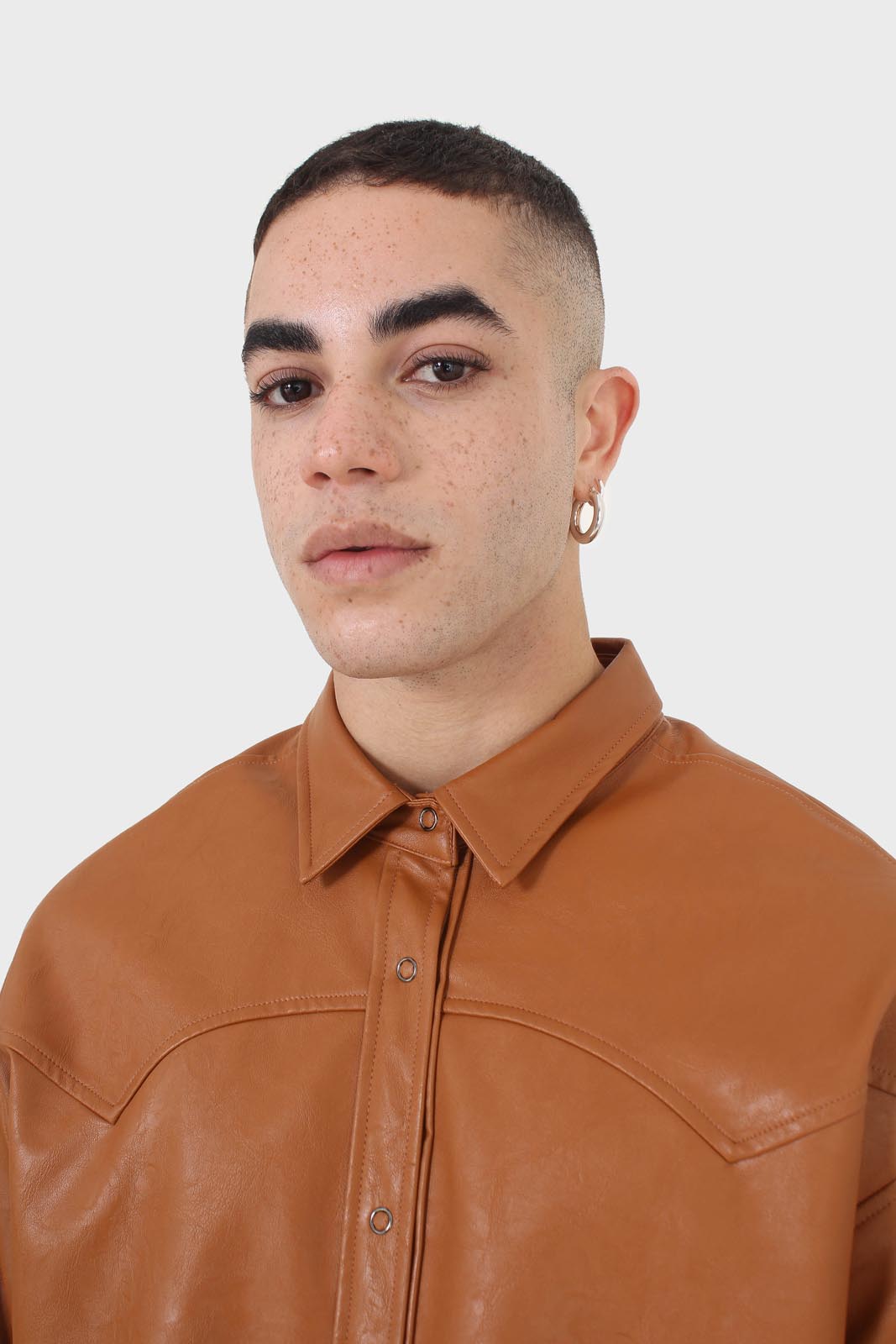 Camel vegan leather oversized shirt_2