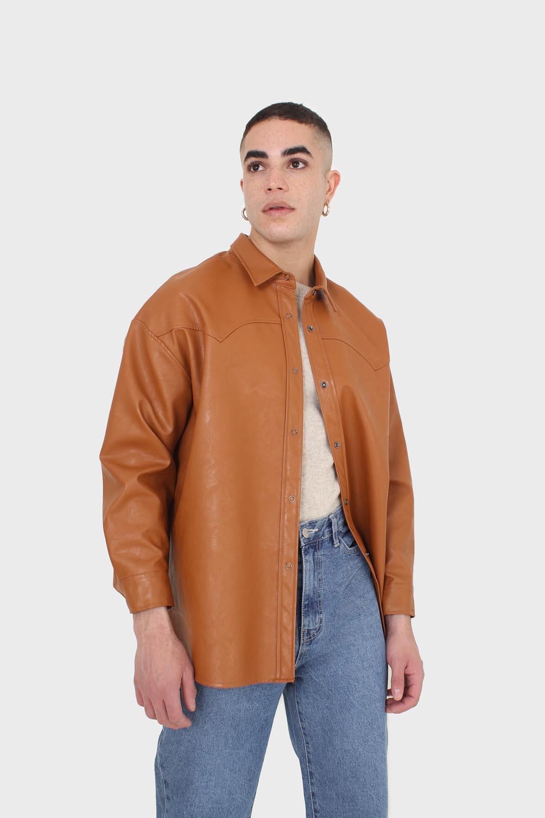 Camel vegan leather oversized shirt_1