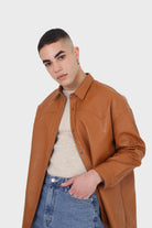 Camel vegan leather oversized shirt_5